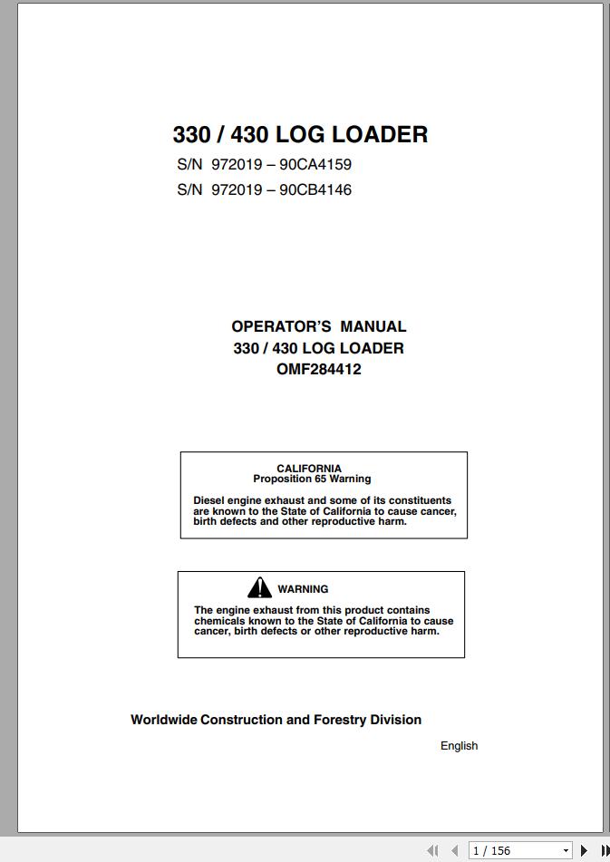 John Deere Log Loader 330 430 Operators Manual OMF284412 1