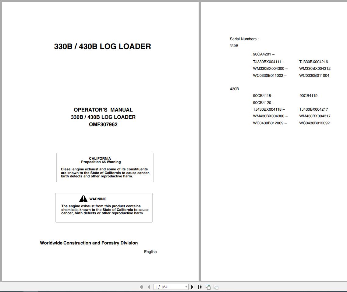 John Deere Log Loader 330B 430B Operators Manual OMF307962 1