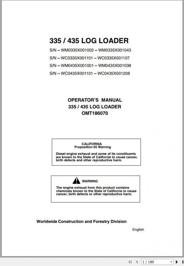 John Deere Log Loader 335 435 Operators Manual OMT186070 1