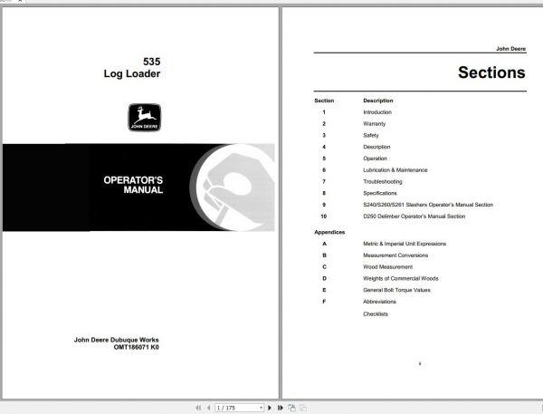 John Deere Log Loader 535 Operators Manual OMT186071 K0 1