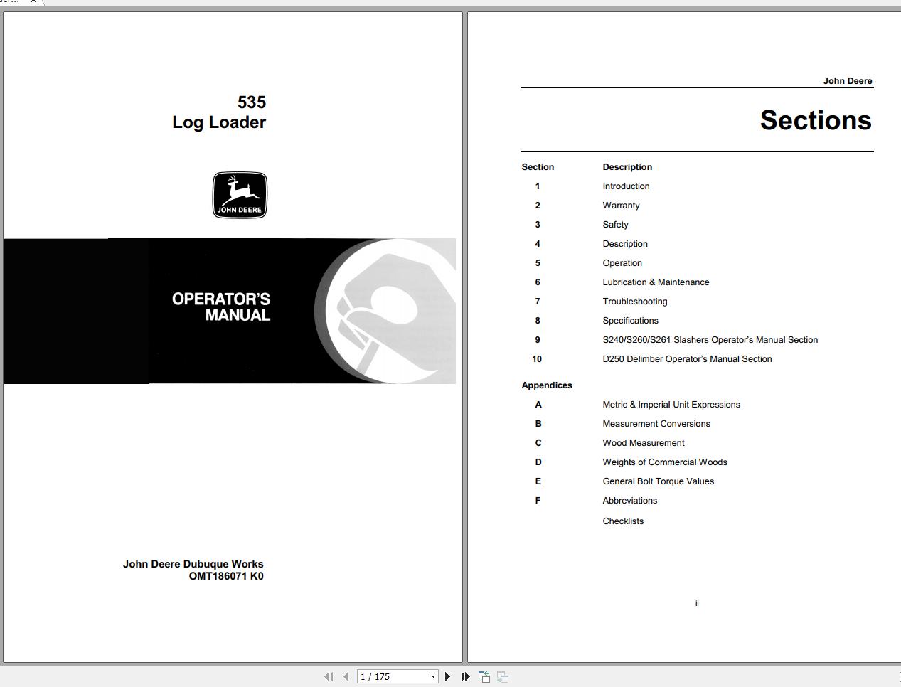 John Deere Log Loader 535 Operators Manual OMT186071 K0 1