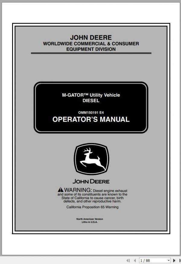 John Deere M Gator Utility Vehicle Diesel SN 068205 Operators Manual OMM150191 E4 1