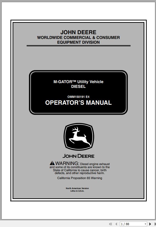 John Deere M Gator Utility Vehicle Diesel SN 068205 Operators Manual OMM150191 E4 1