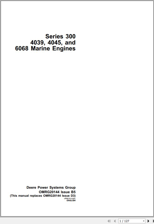John Deere Marine Engine Series 300 4039 4045 6068 Operators Manual OMRG20144 B5 1