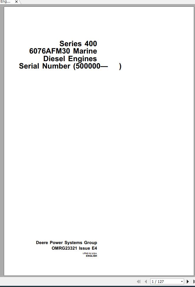 John Deere Marine Engine Series 400 6076AFM30 500000 Operators Manual OMRG23321 1