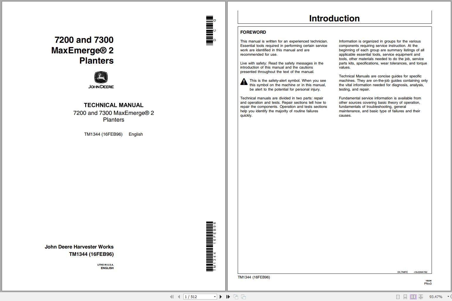 John Deere MaxEmerge 2 Planters 7200 7300 Technical Manual TM1344 1