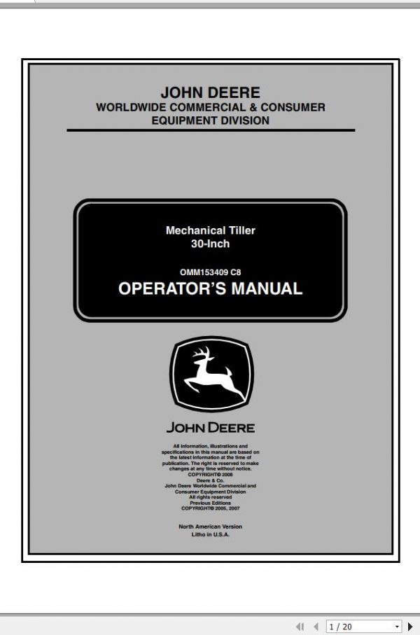 John Deere Mechanical Tiller 30 Inch Operators Manual OMM153409 C8 2007 2