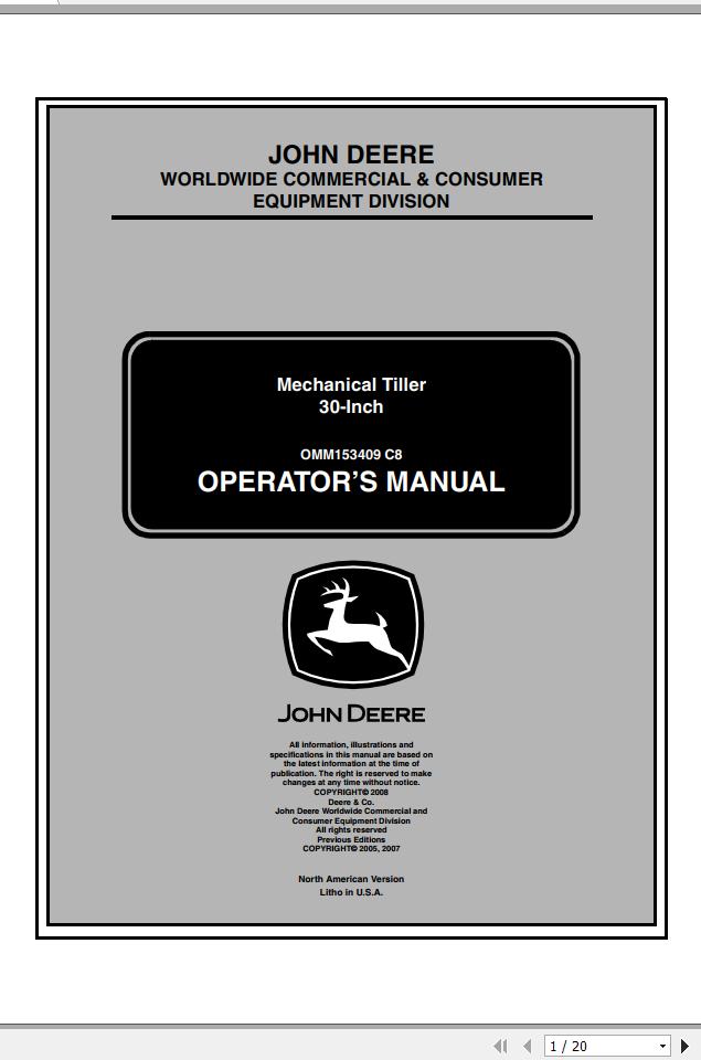 John Deere Mechanical Tiller 30 Inch Operators Manual OMM153409 C8 2007 2