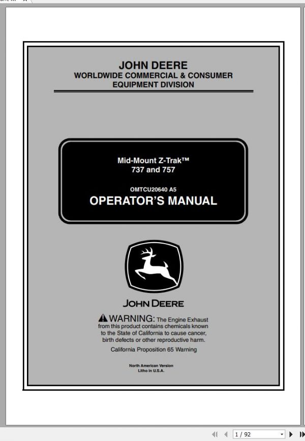 John Deere Mid Mount Z Trak 737 757 SN 040001 Operators Manual OMTCU20640 A5 2005 1