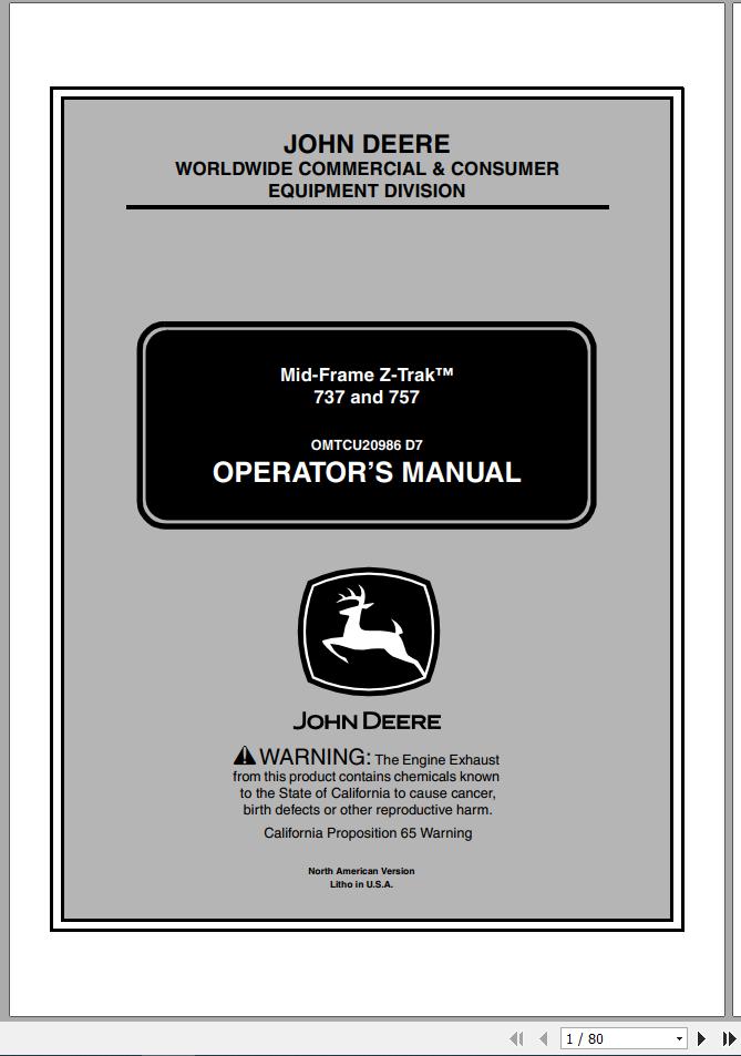 John Deere Mid Mount Z Trak 737 757 SN 050001 Operators Manual OMTCU20986 D7 2007 1