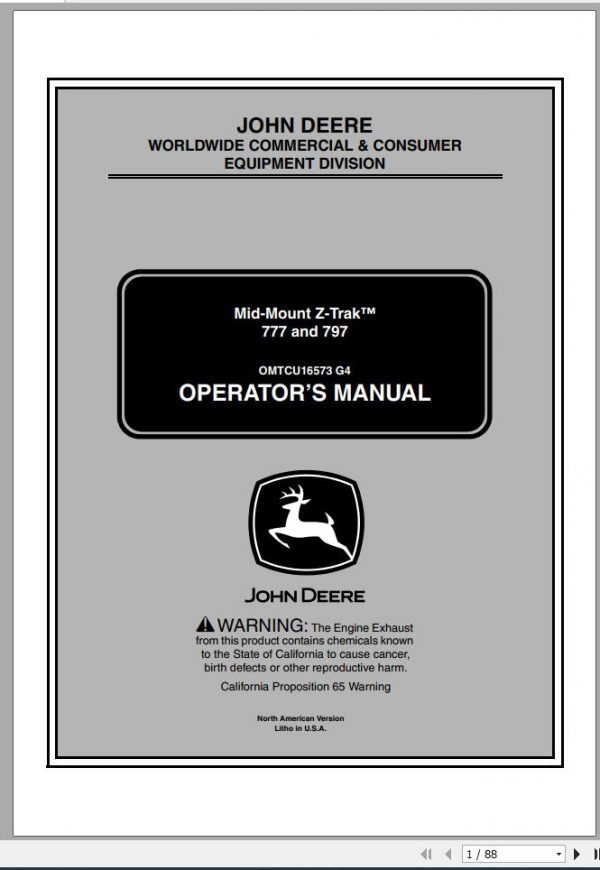 John Deere Mid Mount Z Trak 777 797 SN 010001 Operators Manual OMTCU16573 G4 2004 1