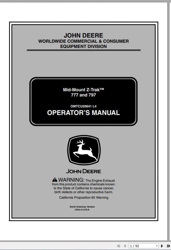 John Deere Mid Mount Z Trak 777 797 SN 030001 Operators Manual OMTCU20641 L4 2004 1