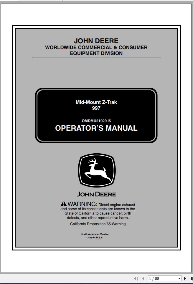 John Deere Mid Mount Z Trak 997 SN 020001 Operators Manual 2005 1