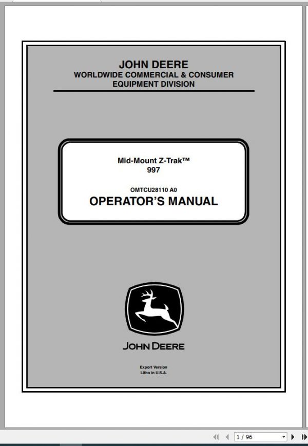 John Deere Mid Mount Z Trak 997 SN 055001 Operators Manual 2009 1