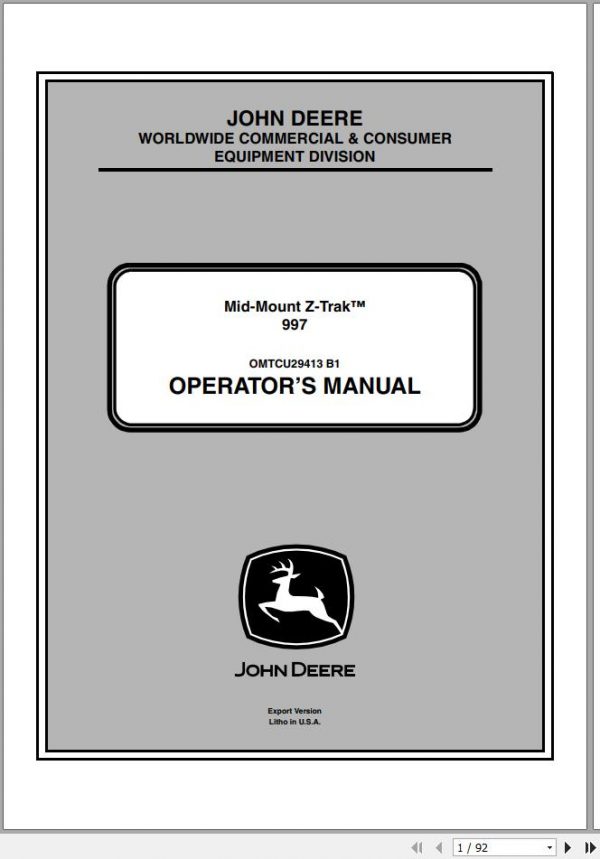 John Deere Mid Mount Z Trak 997 SN 060001 Operators Manual OMTCU29413 B1 1