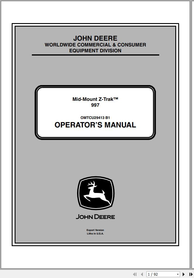 John Deere Mid Mount Z Trak 997 SN 060001 Operators Manual OMTCU29413 B1 1