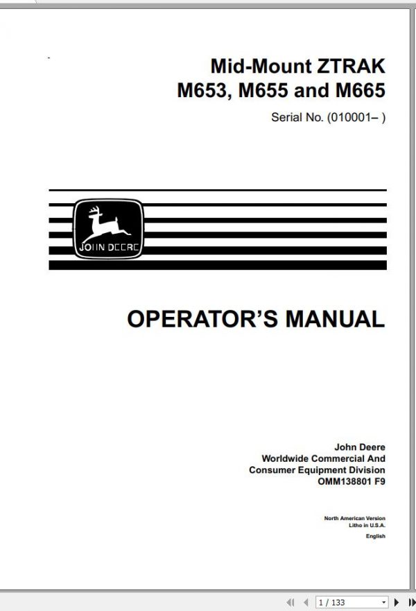 John Deere Mid Mount Z Trak M653 M655 M665 Operators Manual OMM138801 F9 1