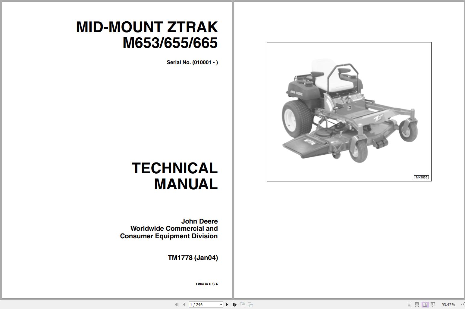 John Deere Mid Mount ZTrak M635 655 665 Technical Manual TM1778 01.2004 1