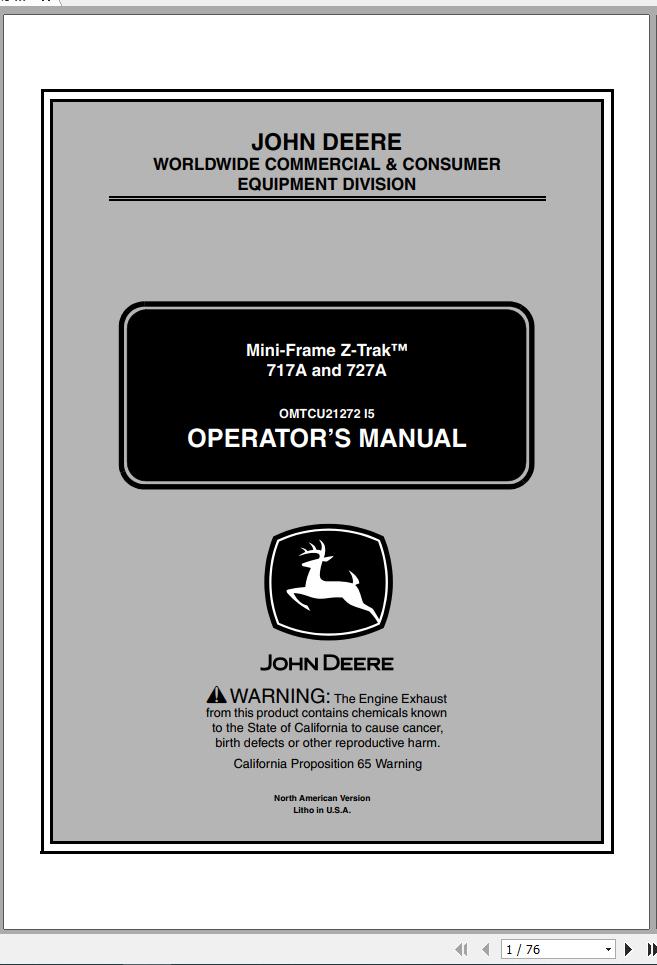 John Deere Mini Frame Z Trak 717A 727A Operators Manual OMTCU21272 I5 2005 1