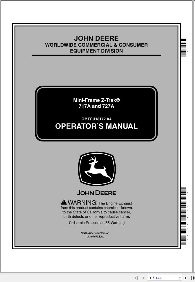 John Deere Mini Frame Z Trak 717A 727A SN 010001 Operators Manual OMTCU18172 A4 2004 1
