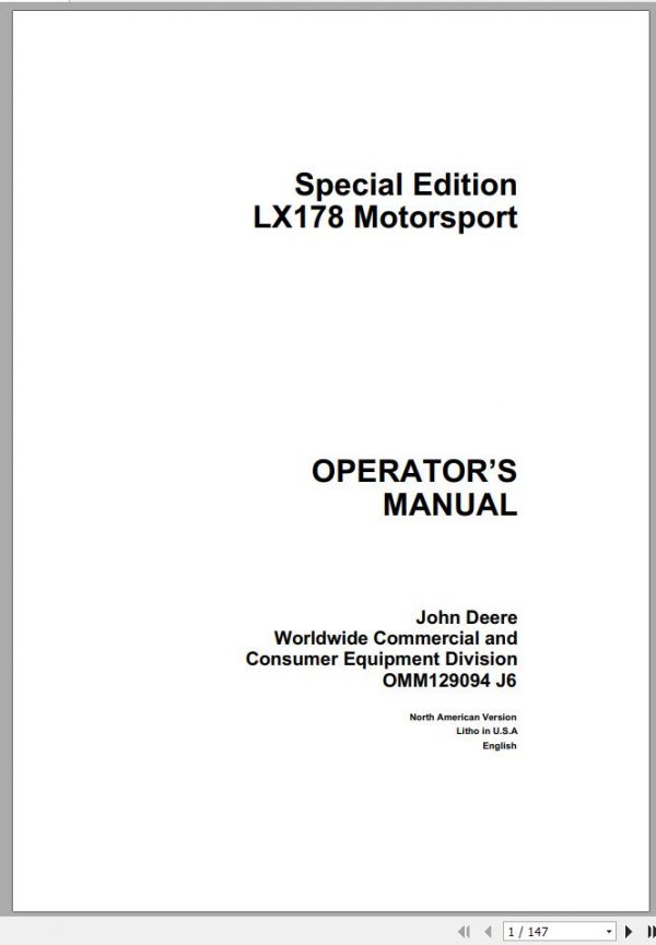 John Deere Motorsport LX178 Special Edition Operators Manual OMM129094 J6 1