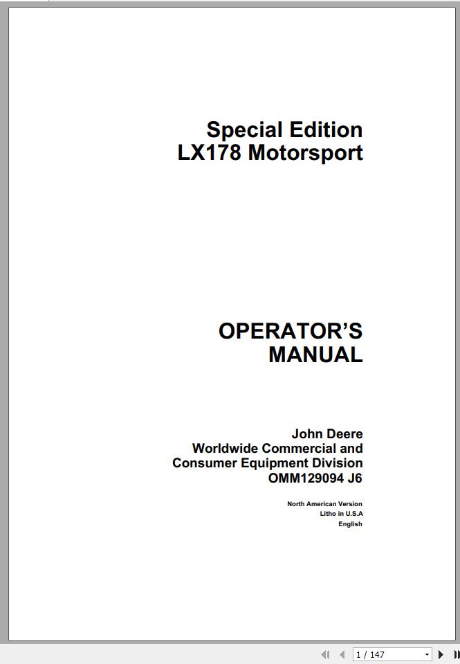 John Deere Motorsport LX178 Special Edition Operators Manual OMM129094 J6 1