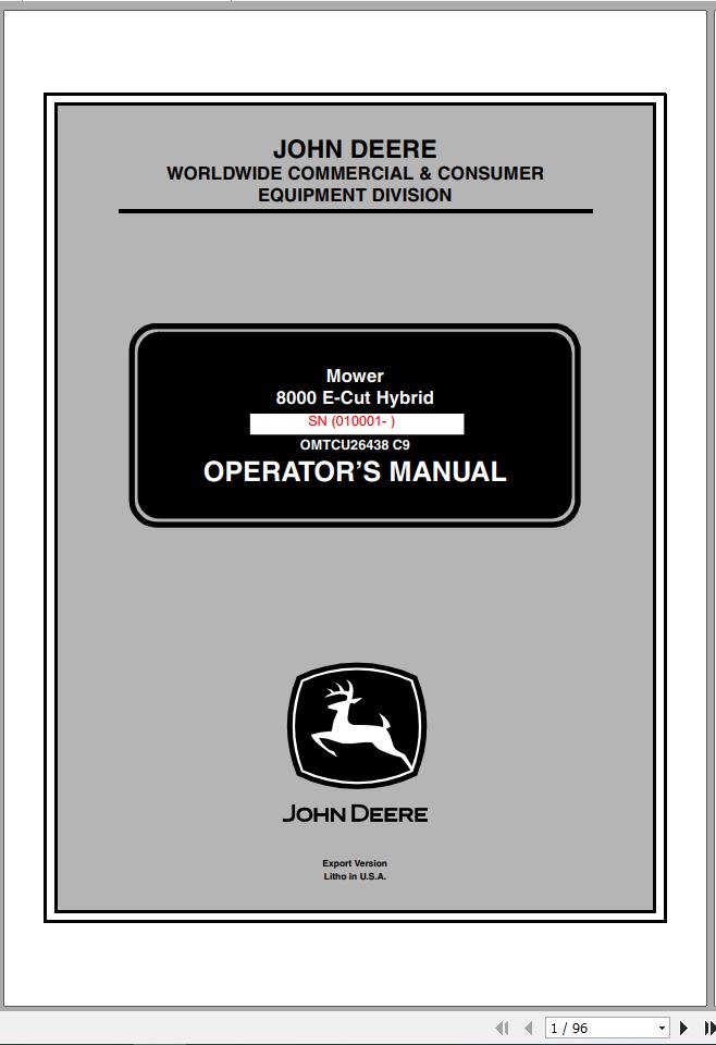 John Deere Mower 8000 E Cut Hybrid SN 010001 Operators Manual 2009 1