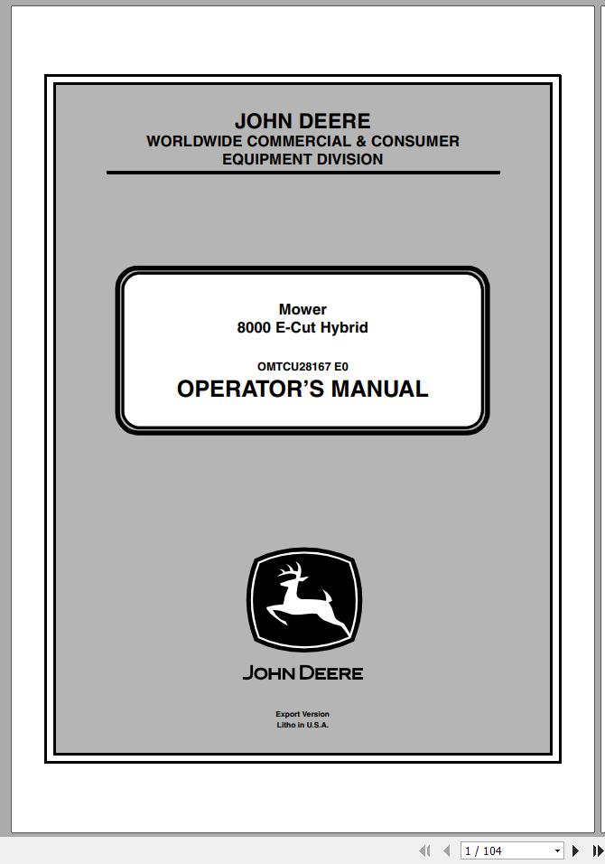 John Deere Mower 8000 E Cut Hybrid SN 020001 Operators Manual OMTCU28167 E0 2010 1
