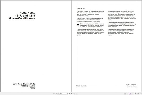 John Deere Mower Conditioners 1207 1209 1217 1219 Technical Manual TM1284 01.2002 1
