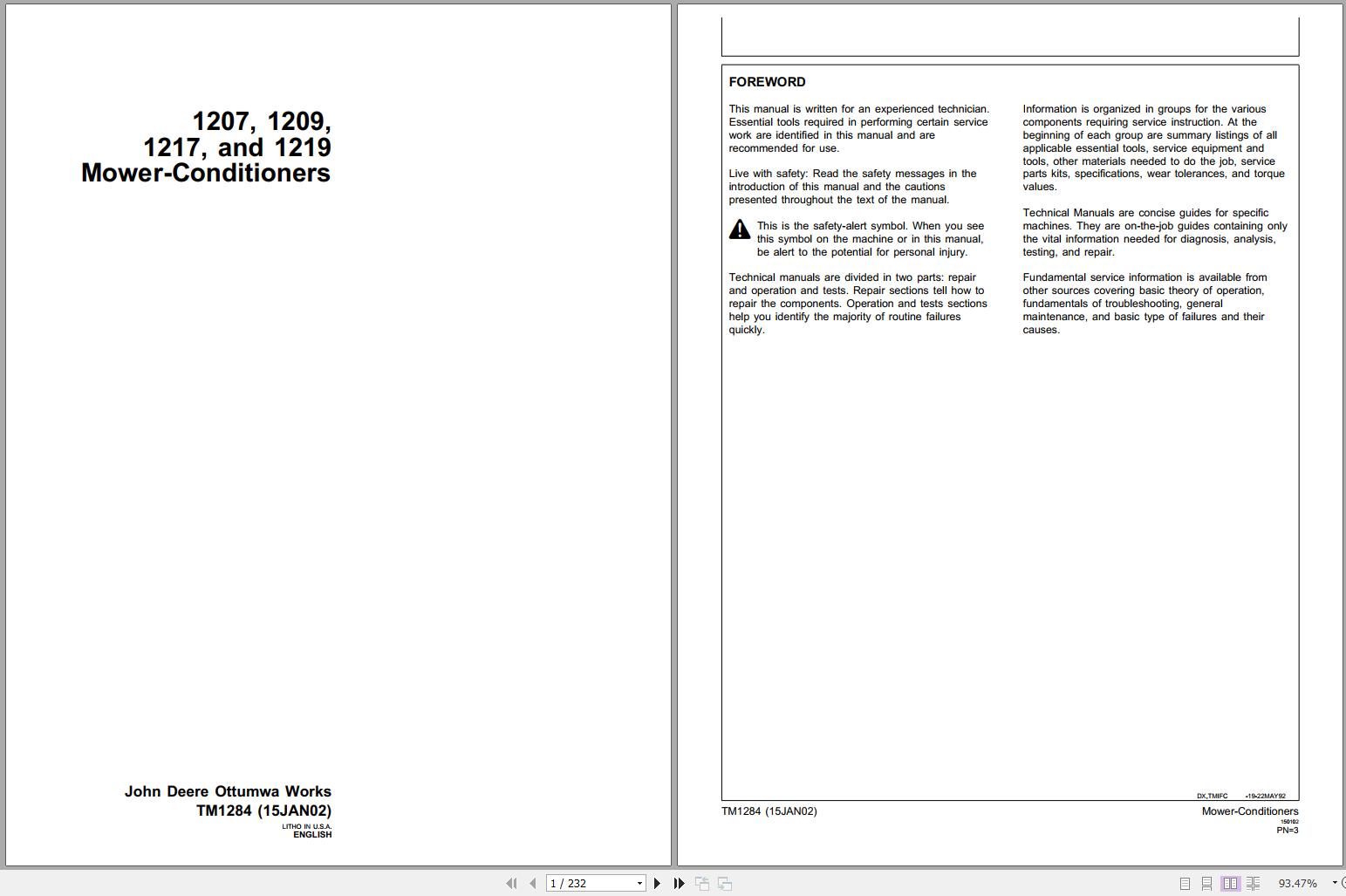 John Deere Mower Conditioners 1207 1209 1217 1219 Technical Manual TM1284 01.2002 1