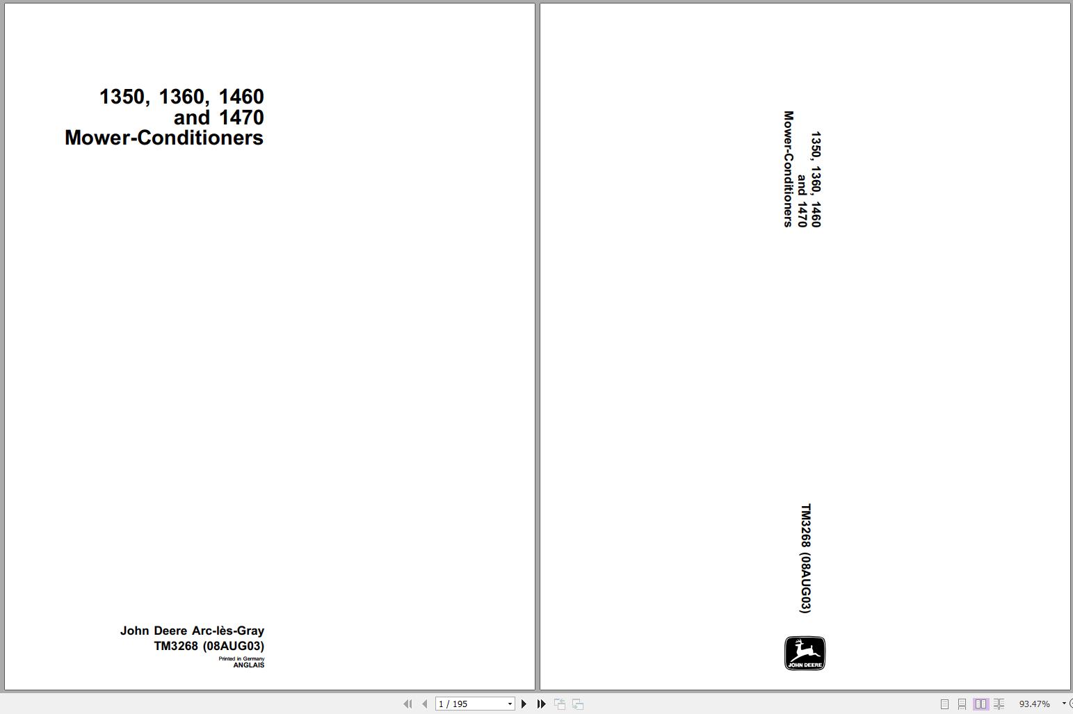 John Deere Mower Conditioners 1350 1360 1460 1470 Technical Manual TM3268 08.2003 1