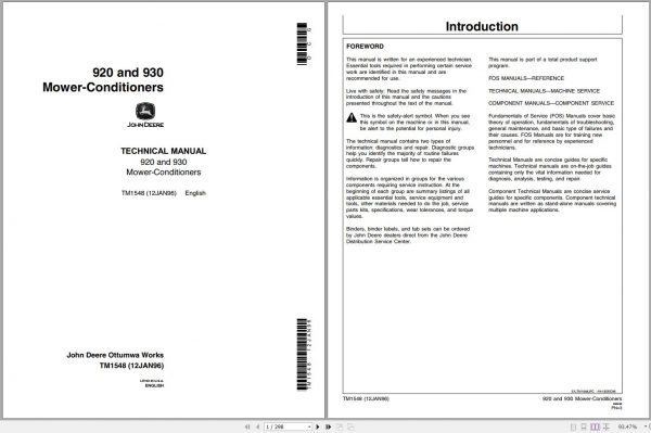 John Deere Mower Conditioners 920 930 Technical Manual TM1548 1