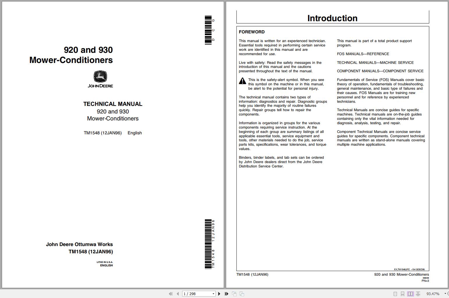 John Deere Mower Conditioners 920 930 Technical Manual TM1548 1