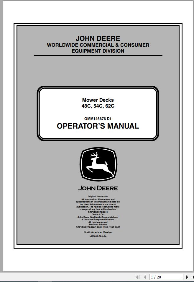 John Deere Mower Desk 48C 54C 62C SN 010001 Operators Manual OMM146676 D1 2011 1