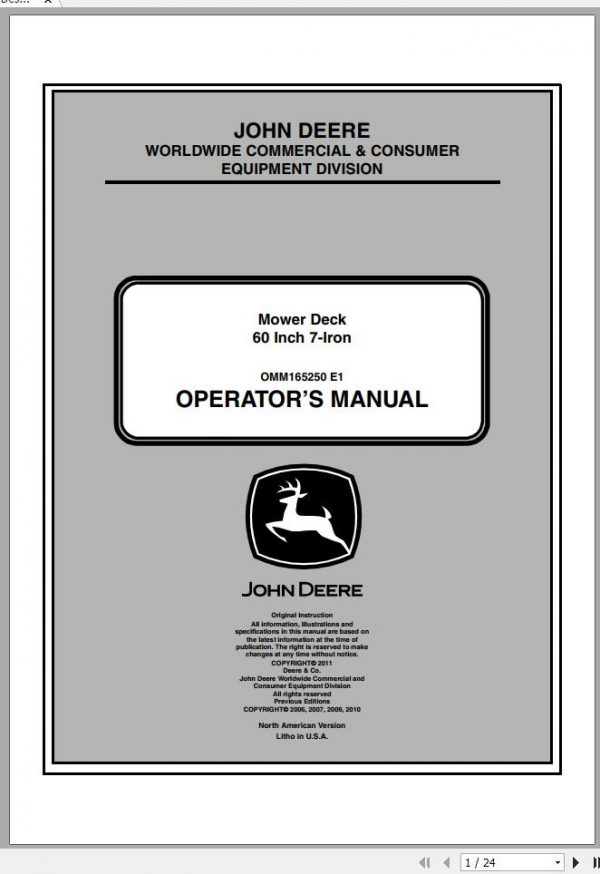 John Deere Mower Desk 60 Inch 7 Iron SN 030001 Operators Manual OMM165250 E1 2011 1