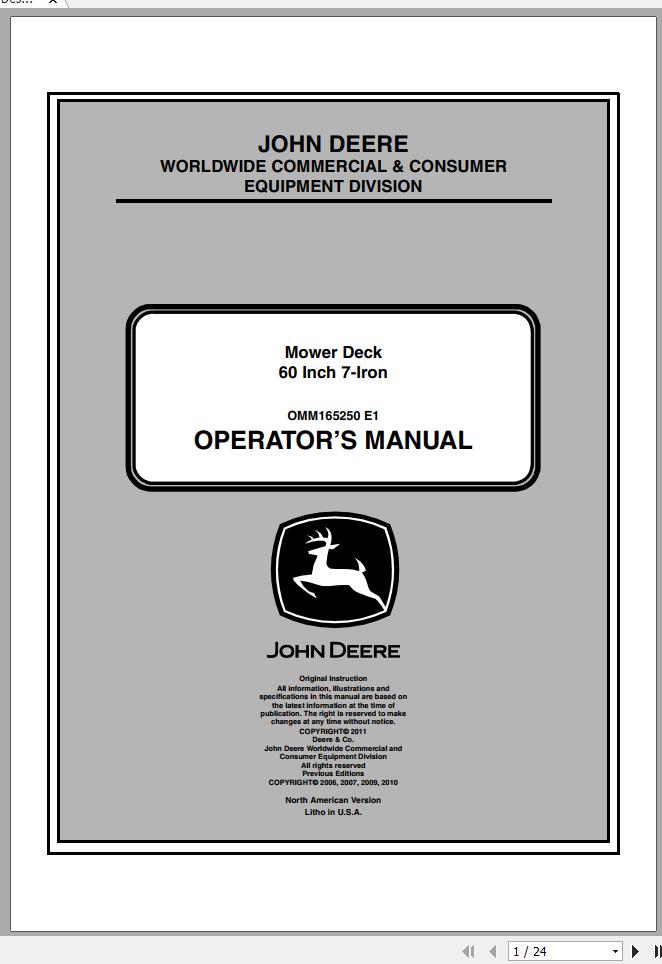 John Deere Mower Desk 60 Inch 7 Iron SN 030001 Operators Manual OMM165250 E1 2011 1
