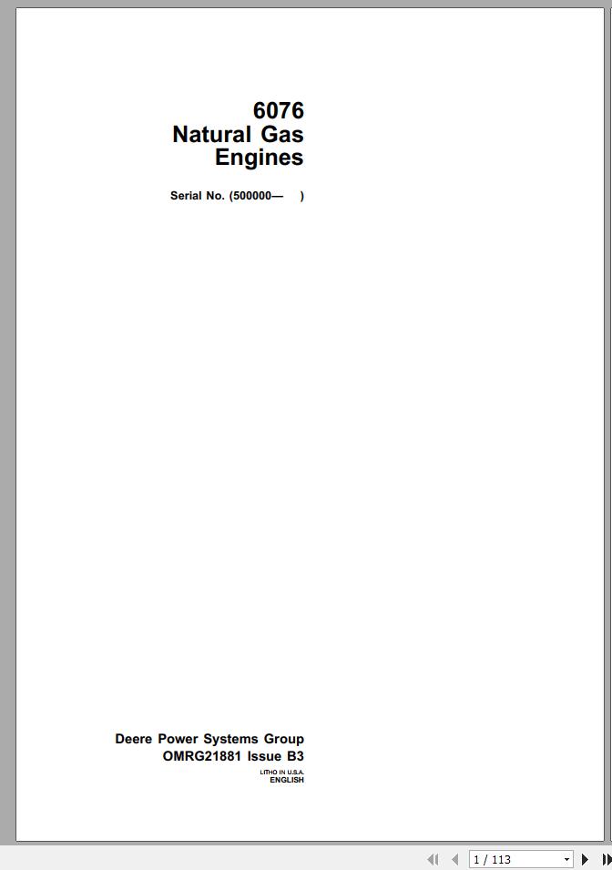 John Deere Natural Gas Engines 6076 SN 500000 Operators Manual OMRG21881 B3 1