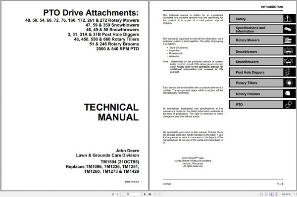 John Deere PTO Drive Attachments Rotary Mowers Snowblowers Snowthrowers Technical Manual TM1594