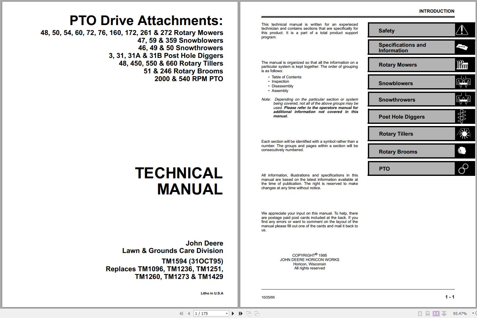 John Deere PTO Drive Attachments Rotary Mowers Snowblowers Snowthrowers Technical Manual TM1594