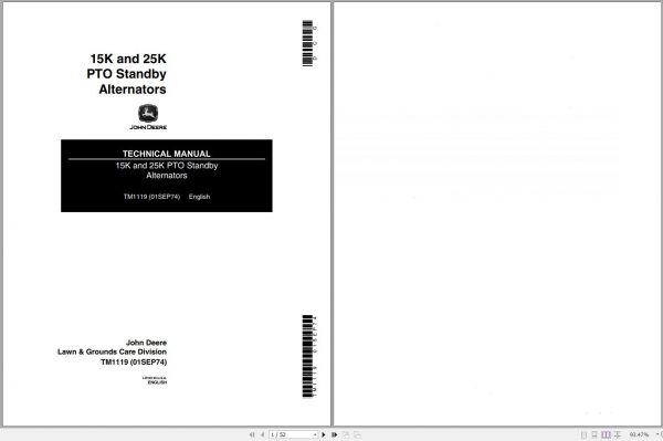 John Deere PTO Standby Alternators 15K 25K Technical Manual TM1119 1