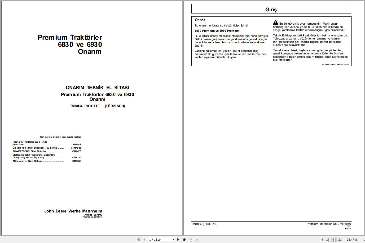 John Deere Premium Tractors 6830 6930 Technical Manual TM8034 10.2010 TR 1