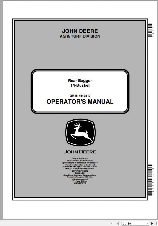 John Deere Rear Bagger 14 Bushel Operators Manual OMM154475 I2 2012 1