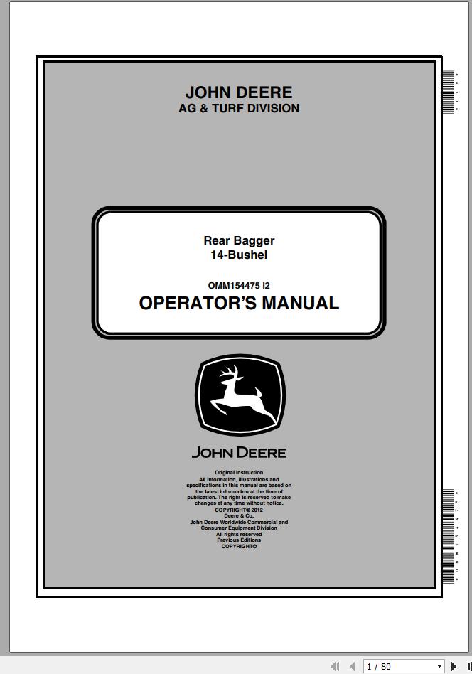 John Deere Rear Bagger 14 Bushel Operators Manual OMM154475 I2 2012 1