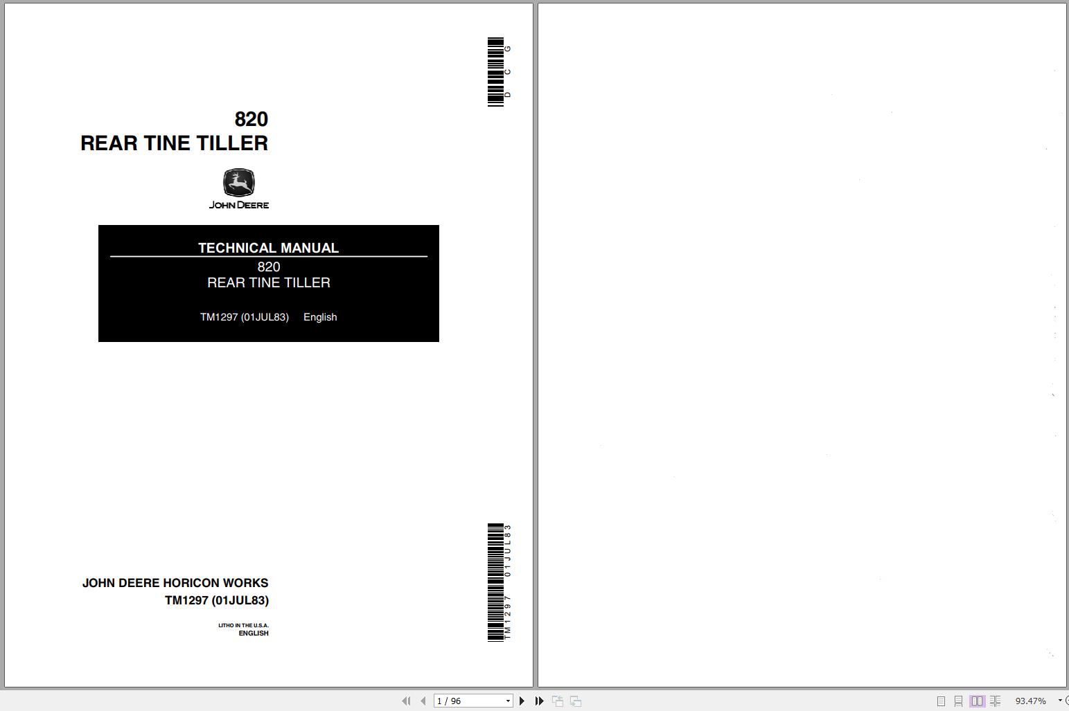 John Deere Rear Tine Tiller 820 Technical Manual TM1297 1