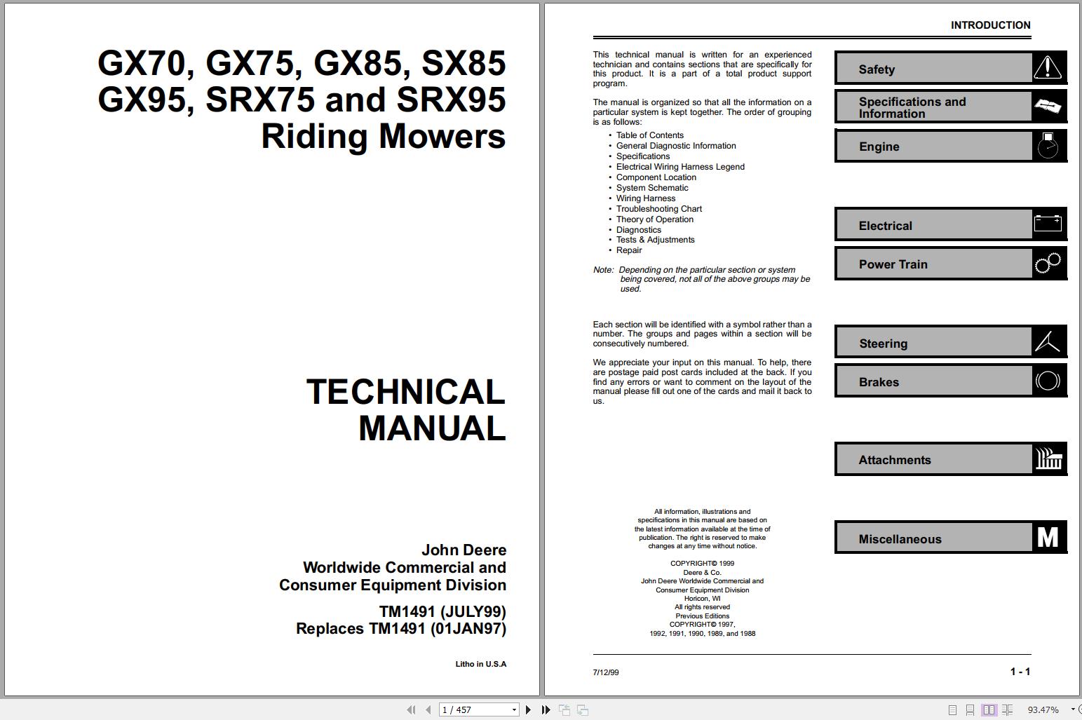 John Deere Riding Mowers GX70 GX95 SRX75 SRX95 Technical Manual TM1491 1