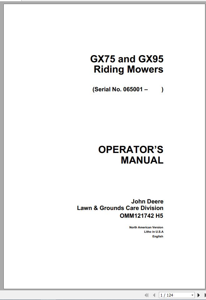 John Deere Riding Mowers GX75 GX95 Operators Manual OMM121742 H5 1