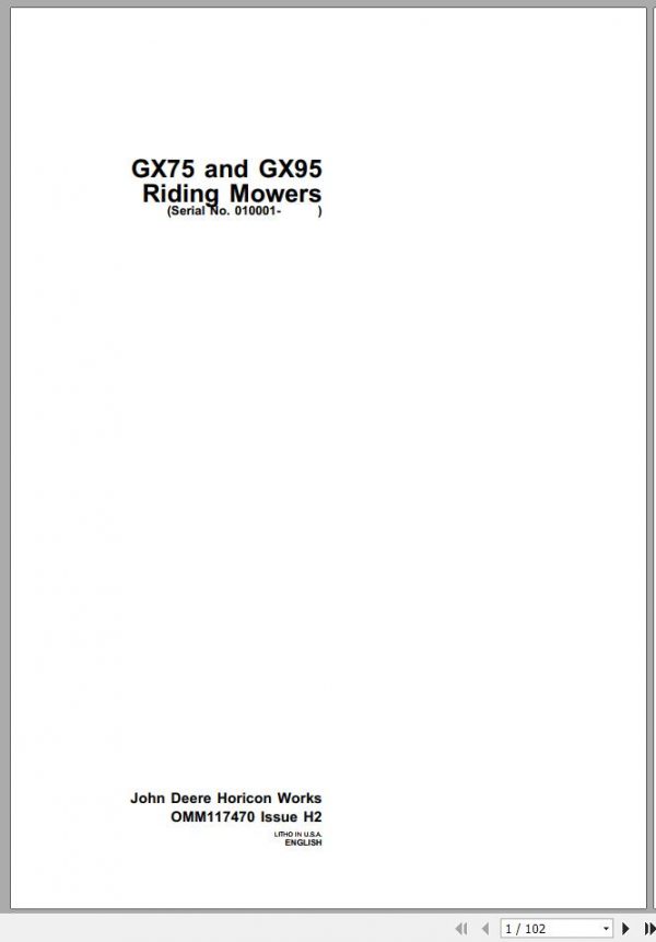 John Deere Riding Mowers GX75 GX95 SN 010001 Operators Manual OMM117470 H2 1