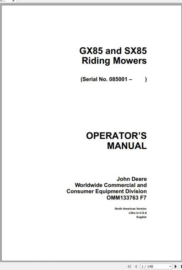 John Deere Riding Mowers GX85 SX85 SN 085001 Operators Manual OMM133763 F7 1