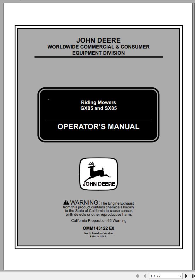 John Deere Riding Mowers GX85 SX85 SN 105001 Operators Manual OMM143122 E0 1