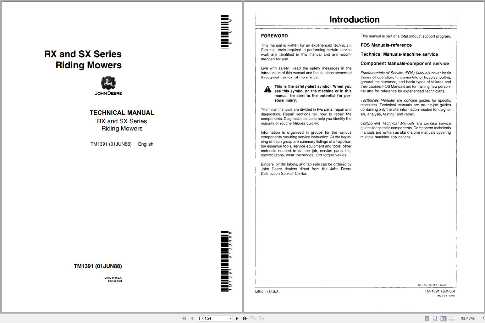 John Deere Riding Mowers RX SX Series Technical Manual TM1391 1